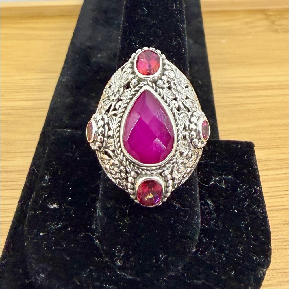 SARDA Bali Sterling Silver Pink Topaz Scroll Filigree Ornate Ring; SIZE 9